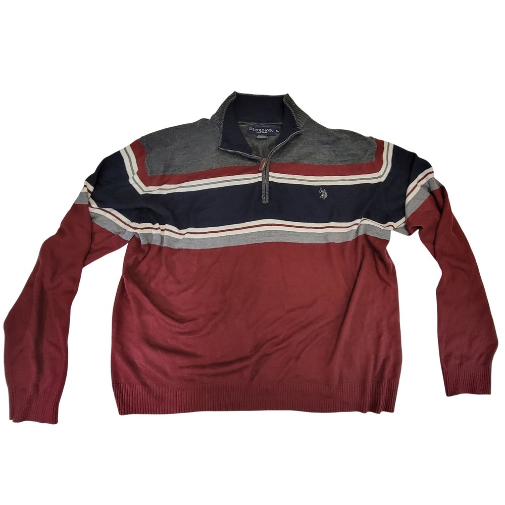 US Polo Assn‎ Mens XL Quarter Zip Pullover Sweater Burgundy Navy Gray Stripe